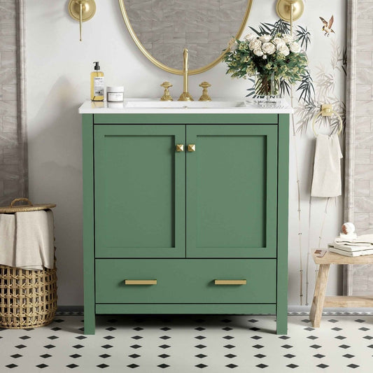 Exbrite 30-Inch Green Bathroom Vanity with Ceramic Sink and Soft-Close Storage