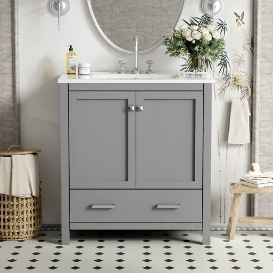 Exbrite 30-Inch Gray Bathroom Vanity with Ceramic Sink and Soft-Close Storage