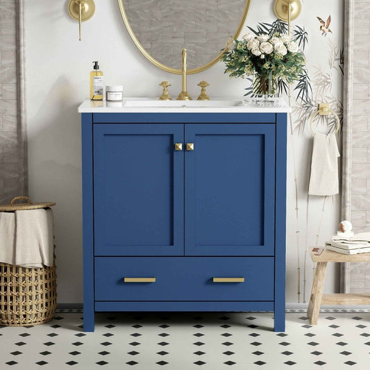 Exbrite 30-Inch Blue Bathroom Vanity with Ceramic Sink and Soft-Close Storage