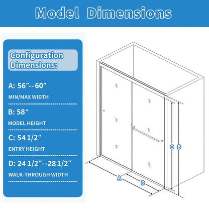Mirage 56 - 60" Semi - Frameless Double Sliding Tub Door,Bypass Bathtub Shower Tempered Glass Door,Explosion - Proof Film,Brush Nickel