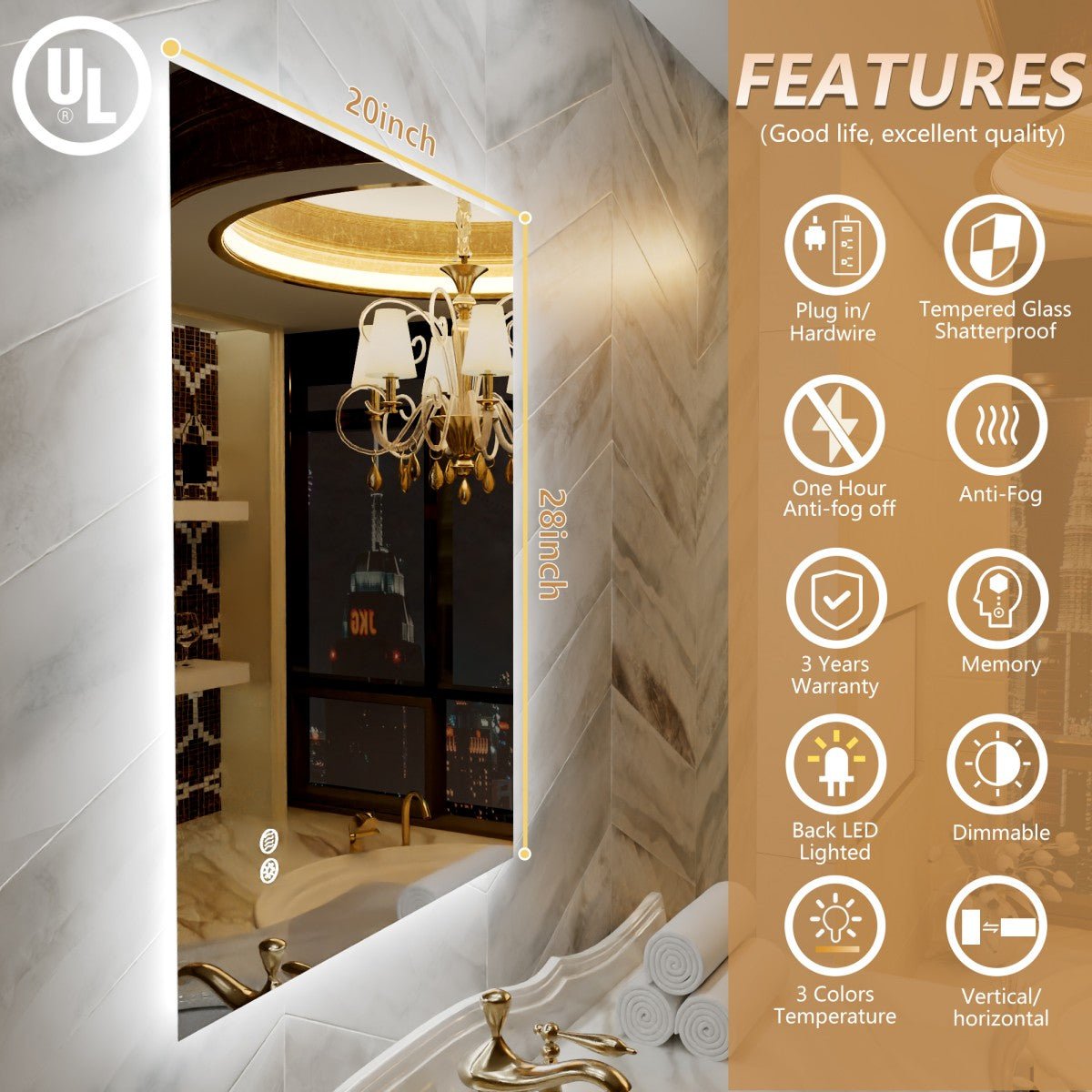 Navi LED Bathroom Mirror 20" x 28" with Backlit,Mirror with Lights Wall Mounted Anti Fog,Led Mirror for Bathroom,HD Tempered Glass,Shatter - Proof