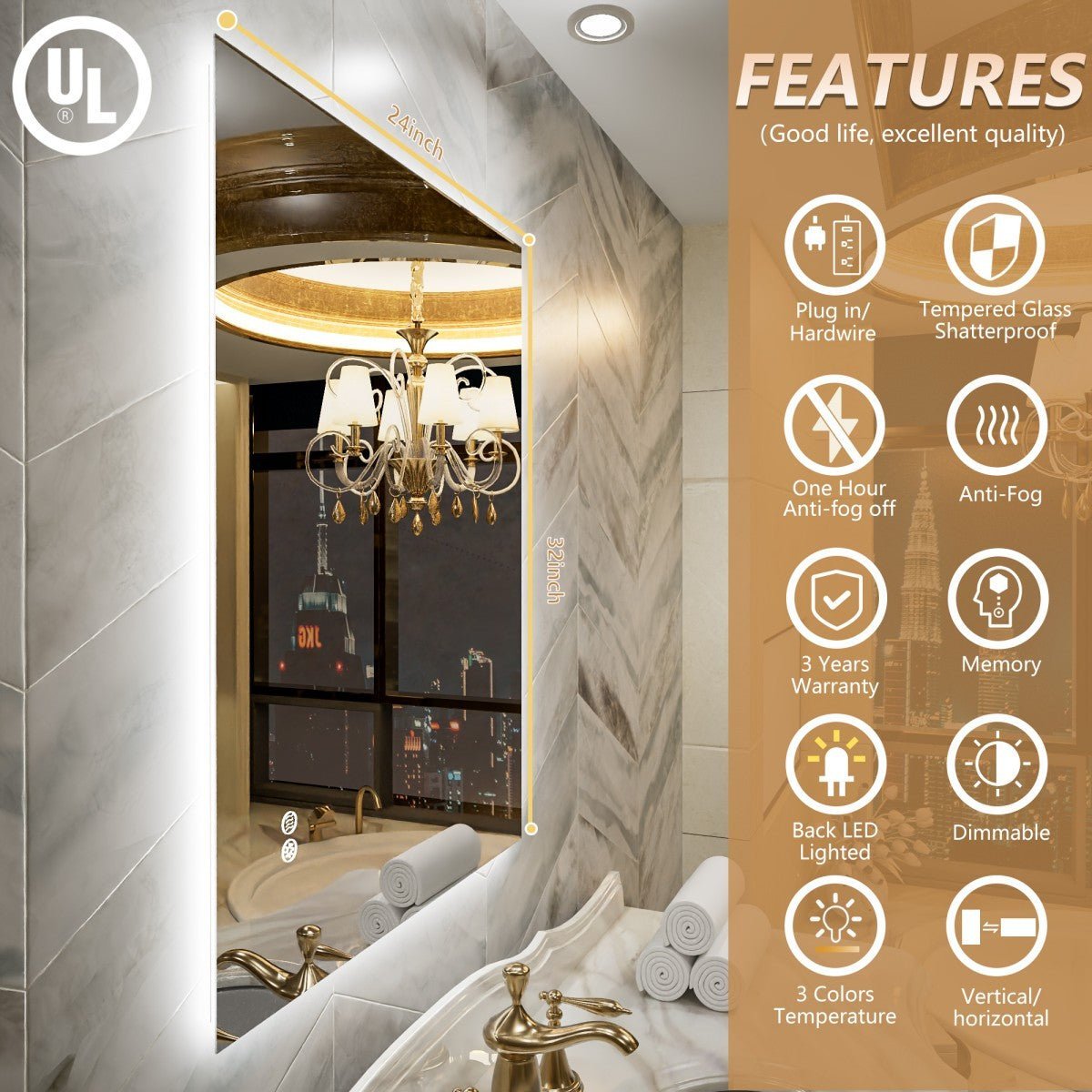 Navi LED Bathroom Mirror 24" x 32" with Backlit,Mirror with Lights Wall Mounted Anti Fog,Led Mirror for Bathroom,HD Tempered Glass,Shatter - Proof