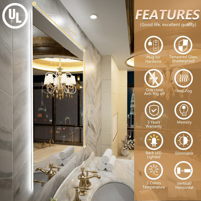 Navi LED Bathroom Mirror 28" x 36" with Backlit,Mirror with Lights Wall Mounted Anti Fog,Led Mirror for Bathroom,HD Tempered Glass,Shatter - Proof