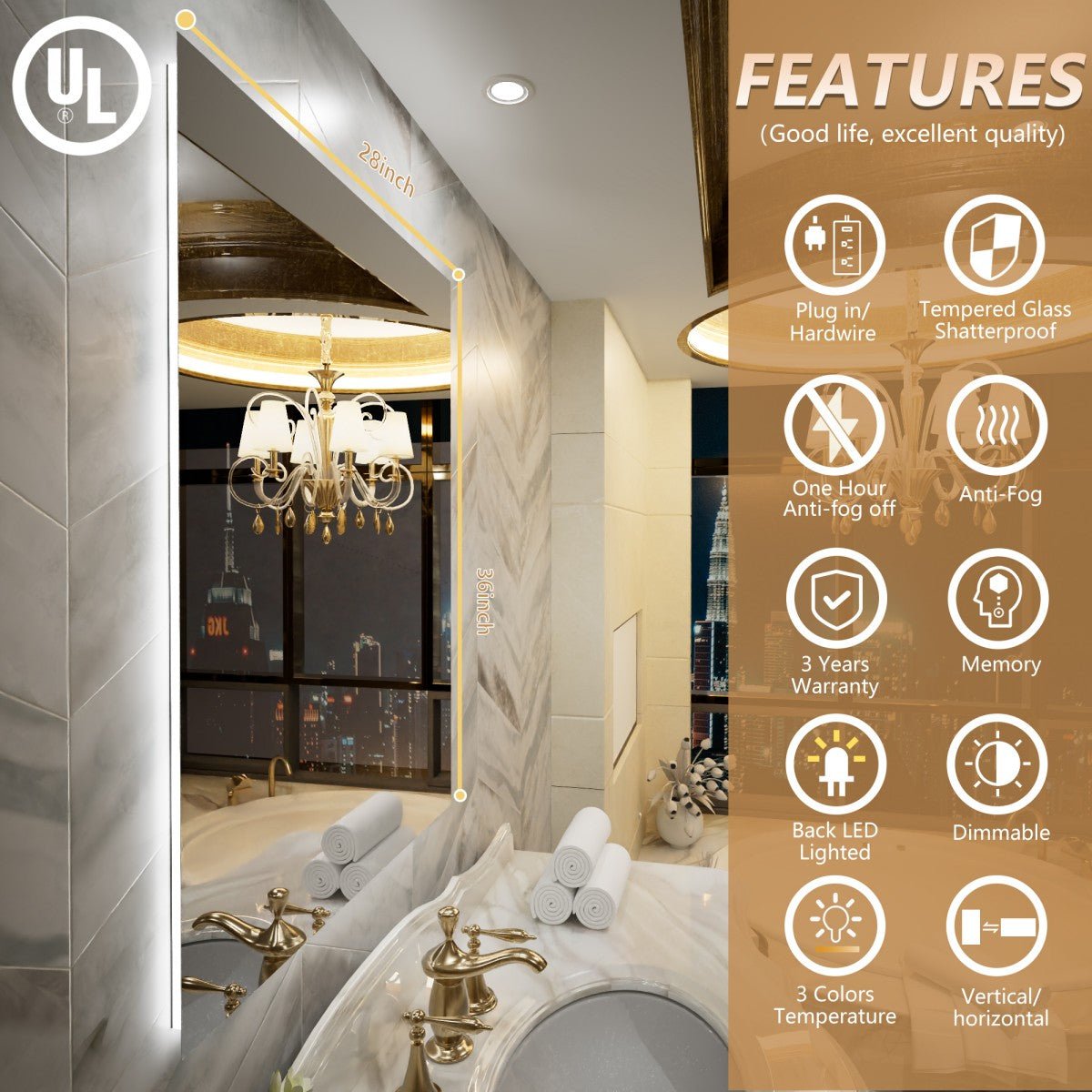Navi LED Bathroom Mirror 28" x 36" with Backlit,Mirror with Lights Wall Mounted Anti Fog,Led Mirror for Bathroom,HD Tempered Glass,Shatter - Proof