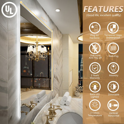 Navi LED Bathroom Mirror 28" x 36" with Backlit,Mirror with Lights Wall Mounted Anti Fog,Led Mirror for Bathroom,HD Tempered Glass,Shatter - Proof