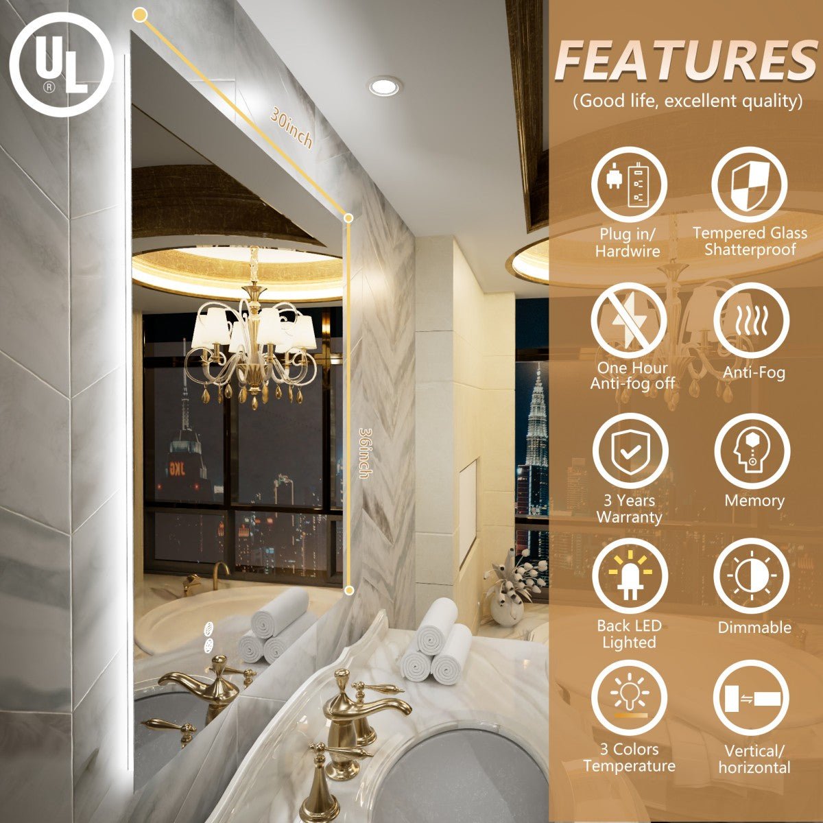 Navi LED Bathroom Mirror 30" x 36" with Backlit,Mirror with Lights Wall Mounted Anti Fog,Led Mirror for Bathroom,HD Tempered Glass,Shatter - Proof