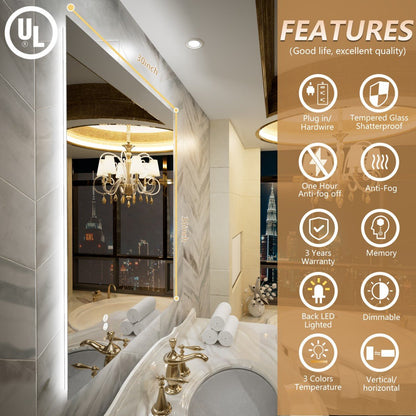 Navi LED Bathroom Mirror 30" x 36" with Backlit,Mirror with Lights Wall Mounted Anti Fog,Led Mirror for Bathroom,HD Tempered Glass,Shatter - Proof
