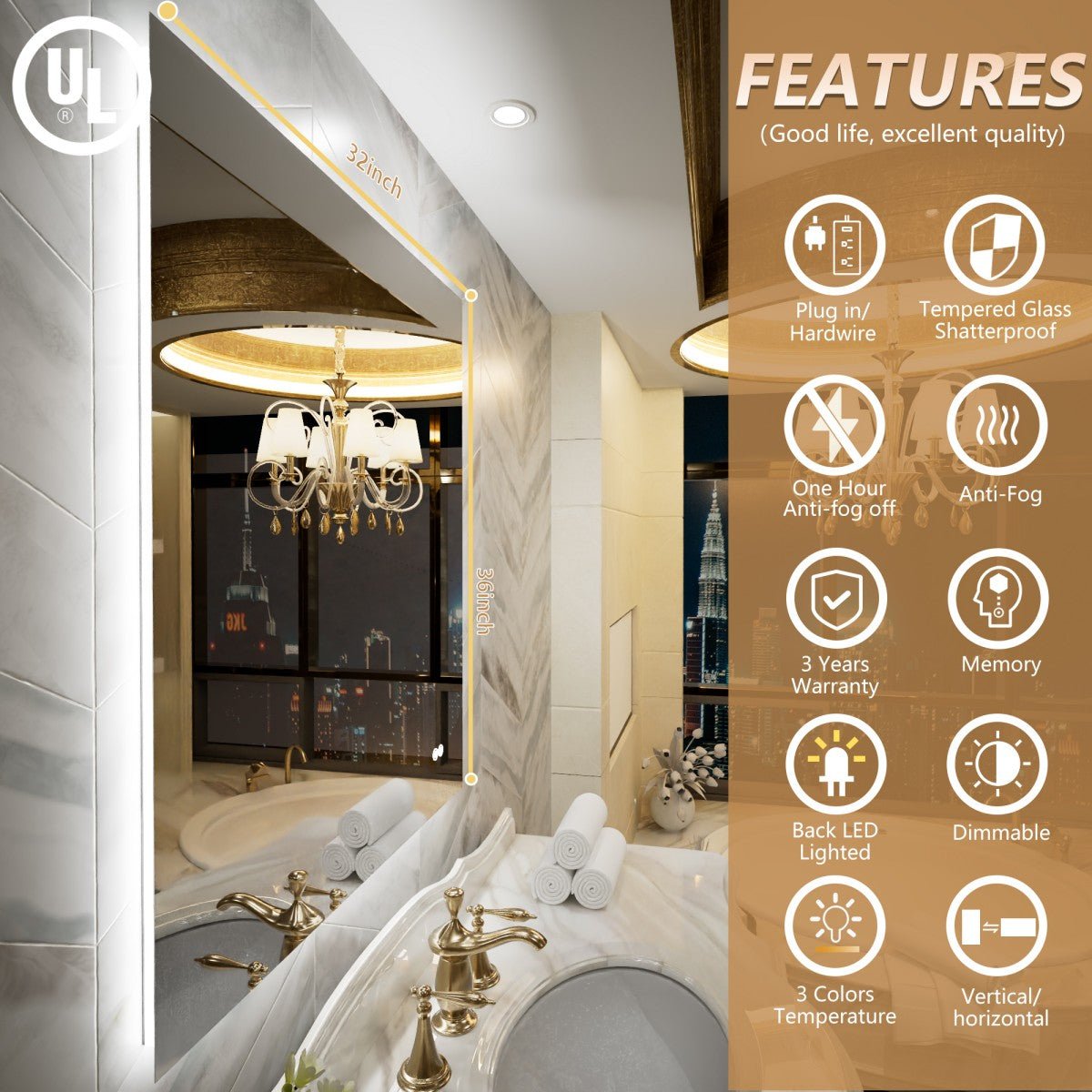 Navi LED Bathroom Mirror 32" x 36" with Backlit,Mirror with Lights Wall Mounted Anti Fog,Led Mirror for Bathroom,HD Tempered Glass,Shatter - Proof