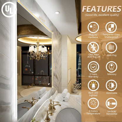 Navi LED Bathroom Mirror 32" x 36" with Backlit,Mirror with Lights Wall Mounted Anti Fog,Led Mirror for Bathroom,HD Tempered Glass,Shatter - Proof