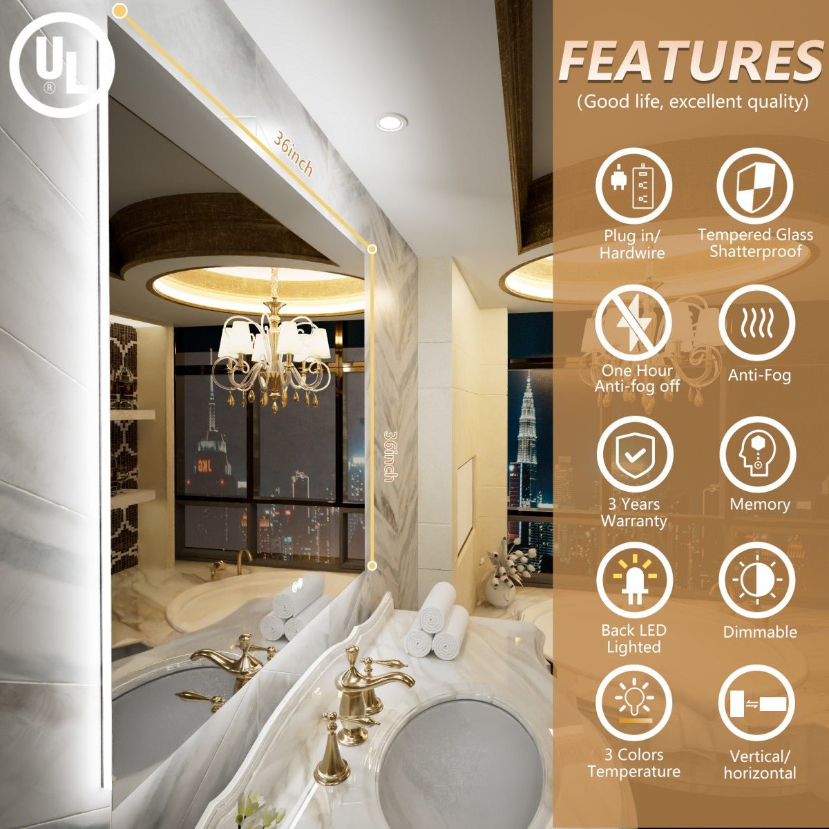 Navi LED Bathroom Mirror 36" x 36" with Backlit,Mirror with Lights Wall Mounted Anti Fog,Led Mirror for Bathroom,HD Tempered Glass,Shatter - Proof