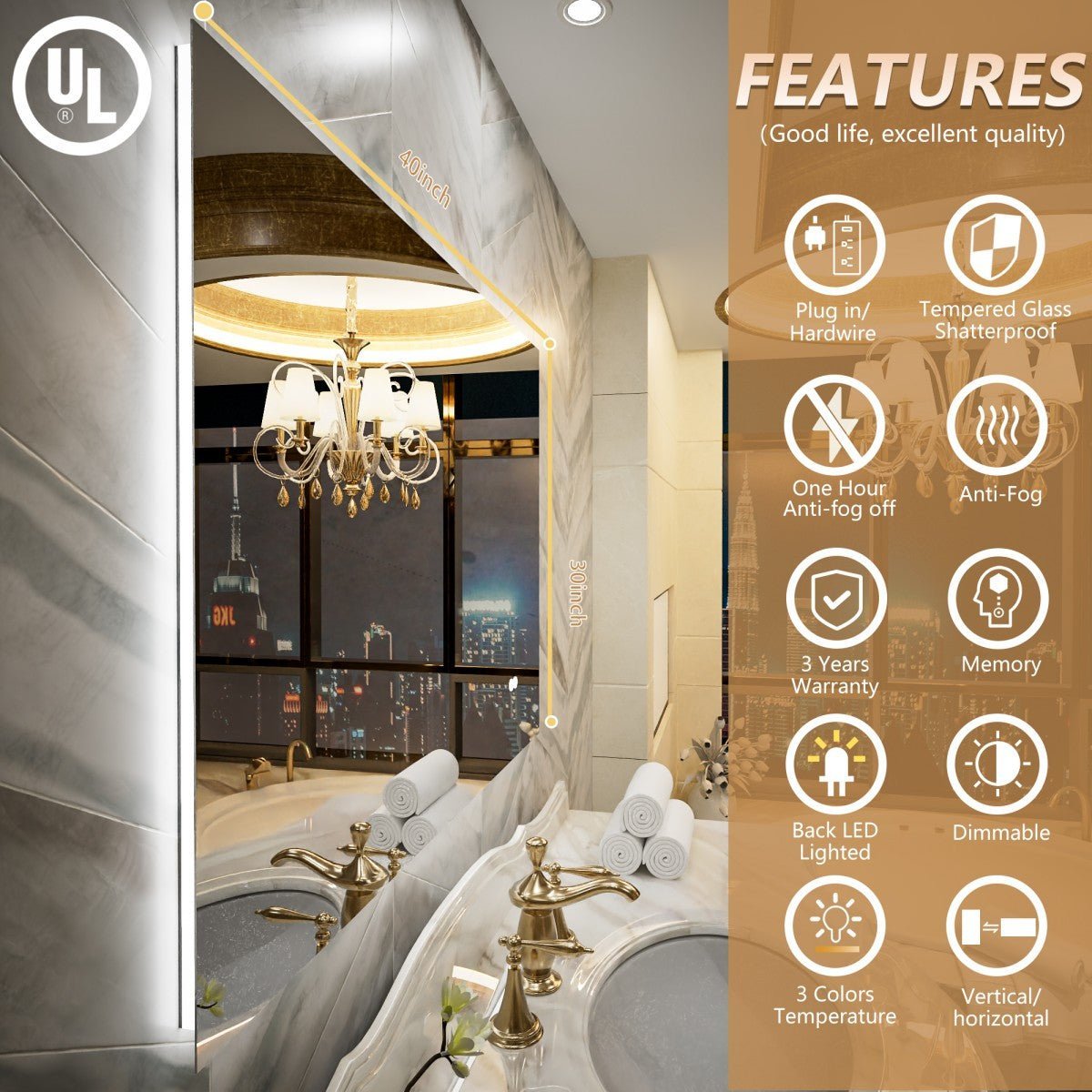 Navi LED Bathroom Mirror 40" x 30" with Backlit,Mirror with Lights Wall Mounted Anti Fog,Led Mirror for Bathroom,HD Tempered Glass,Shatter - Proof