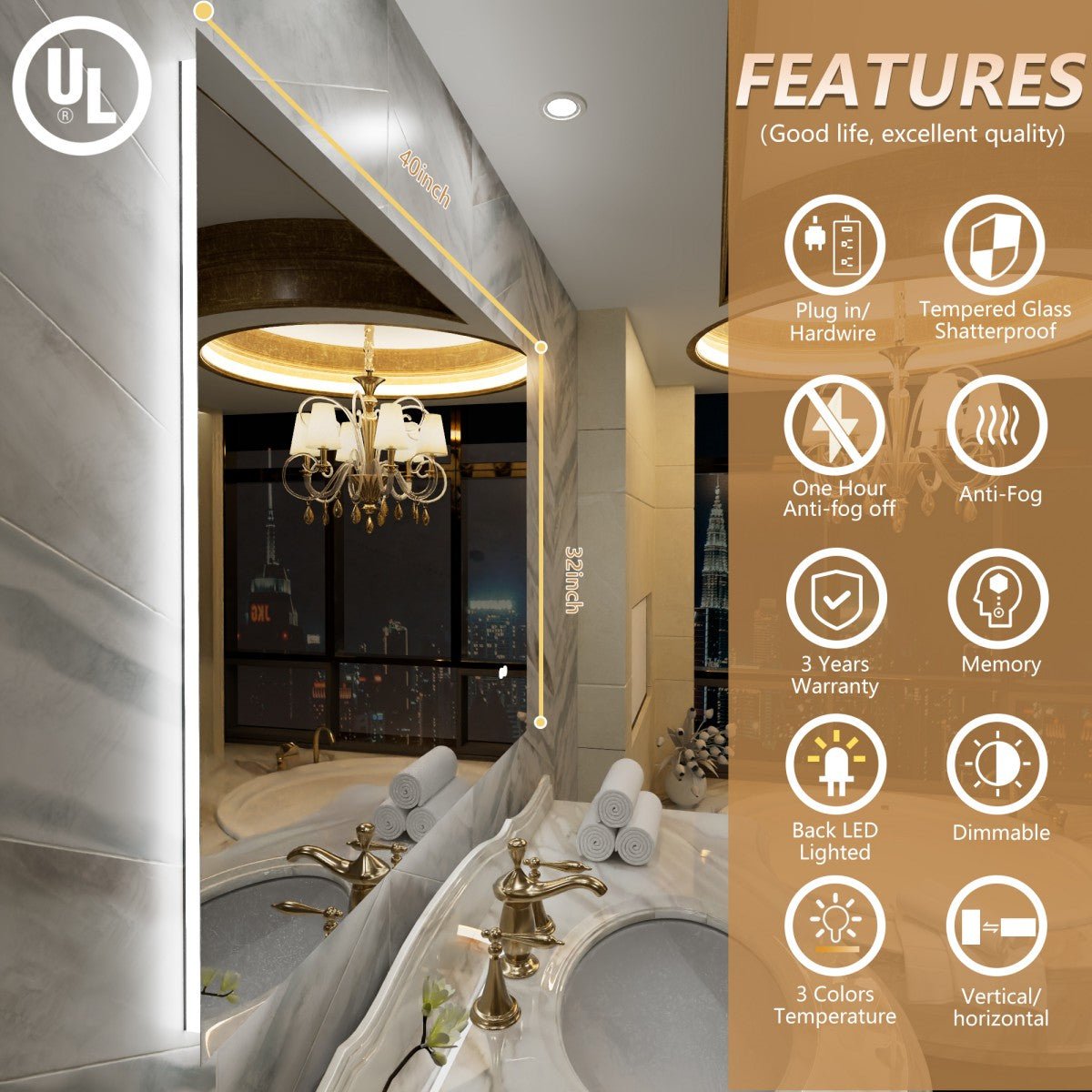 Navi LED Bathroom Mirror 40" x 32" with Backlit,Mirror with Lights Wall Mounted Anti Fog,Led Mirror for Bathroom,HD Tempered Glass,Shatter - Proof