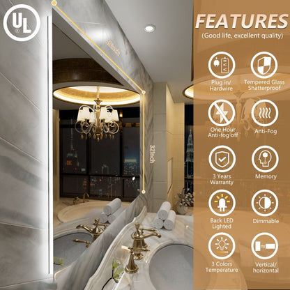 Navi LED Bathroom Mirror 40" x 32" with Backlit,Mirror with Lights Wall Mounted Anti Fog,Led Mirror for Bathroom,HD Tempered Glass,Shatter - Proof
