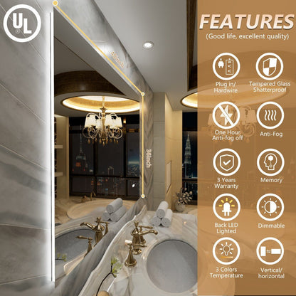 Navi LED Bathroom Mirror 40" x 36" with Backlit,Mirror with Lights Wall Mounted Anti Fog,Led Mirror for Bathroom,HD Tempered Glass,Shatter - Proof