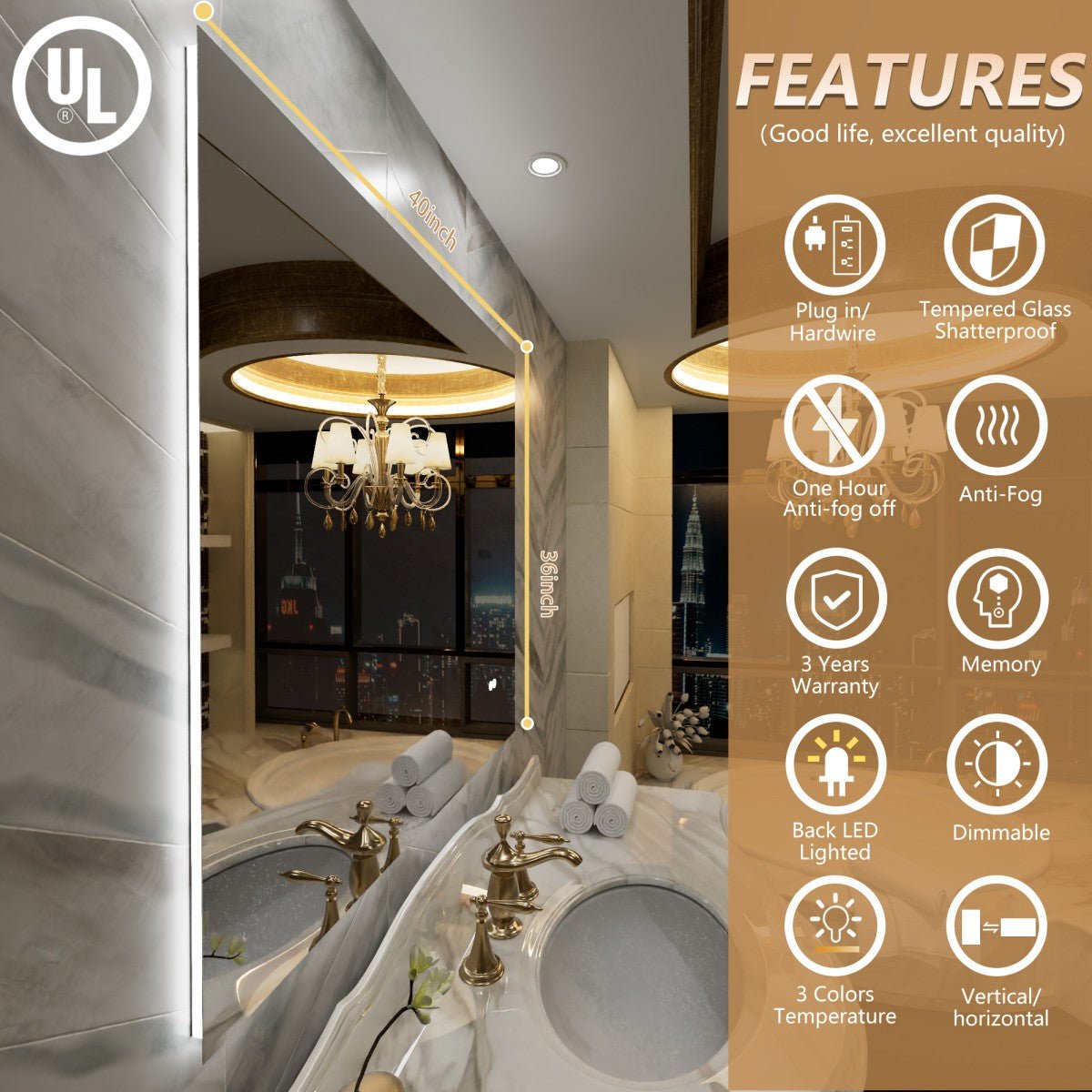 Navi LED Bathroom Mirror 40" x 36" with Backlit,Mirror with Lights Wall Mounted Anti Fog,Led Mirror for Bathroom,HD Tempered Glass,Shatter - Proof