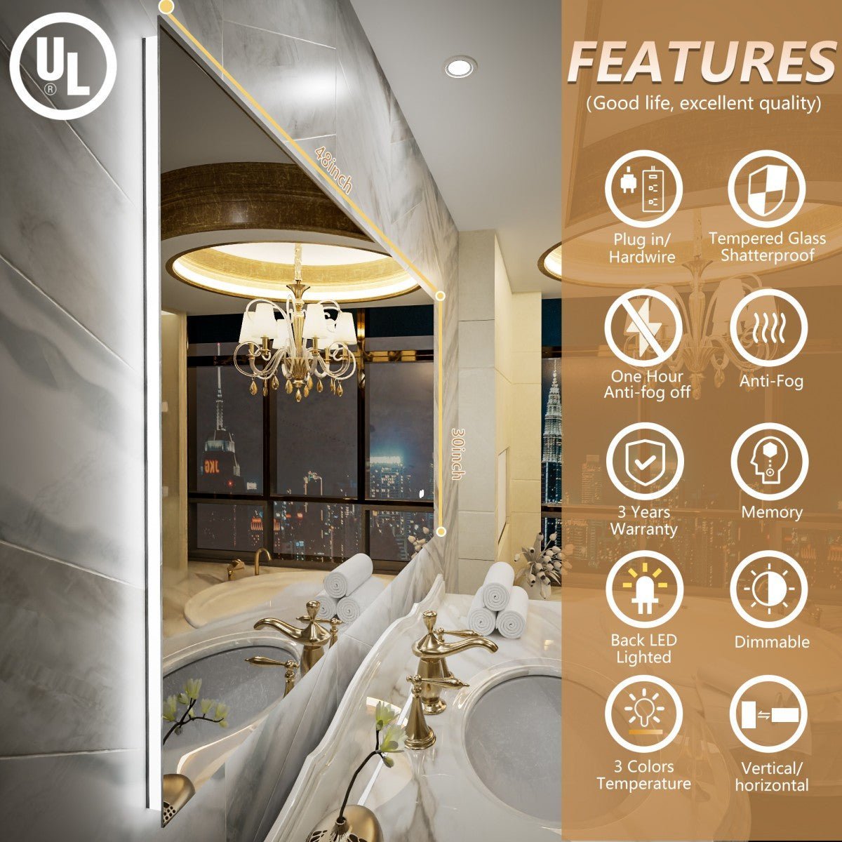 Navi LED Bathroom Mirror 48" x 30" with Backlit,Mirror with Lights Wall Mounted Anti Fog,Led Mirror for Bathroom,HD Tempered Glass,Shatter - Proof