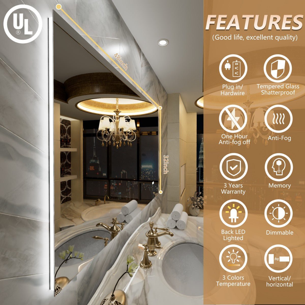 Navi LED Bathroom Mirror 48" x 32" with Backlit,Mirror with Lights Wall Mounted Anti Fog,Led Mirror for Bathroom,HD Tempered Glass,Shatter - Proof