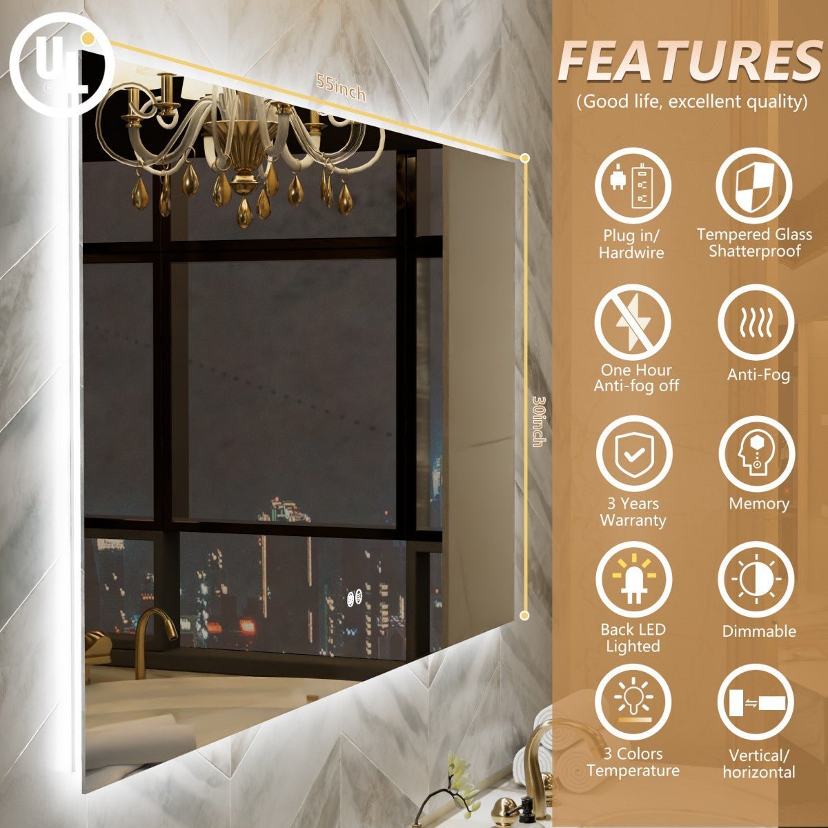 Navi LED Bathroom Mirror 55" x 30" with Backlit,Mirror with Lights Wall Mounted Anti Fog,Led Mirror for Bathroom,HD Tempered Glass,Shatter - Proof