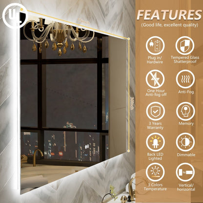 Navi LED Bathroom Mirror 55" x 30" with Backlit,Mirror with Lights Wall Mounted Anti Fog,Led Mirror for Bathroom,HD Tempered Glass,Shatter - Proof