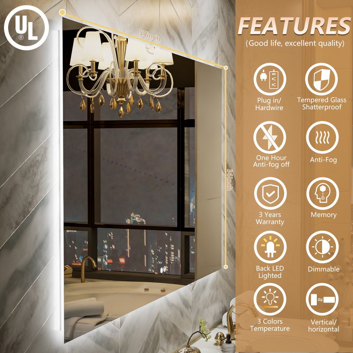 Navi LED Bathroom Mirror 55" x 36" with Backlit,Mirror with Lights Wall Mounted Anti Fog,Led Mirror for Bathroom,HD Tempered Glass,Shatter - Proof