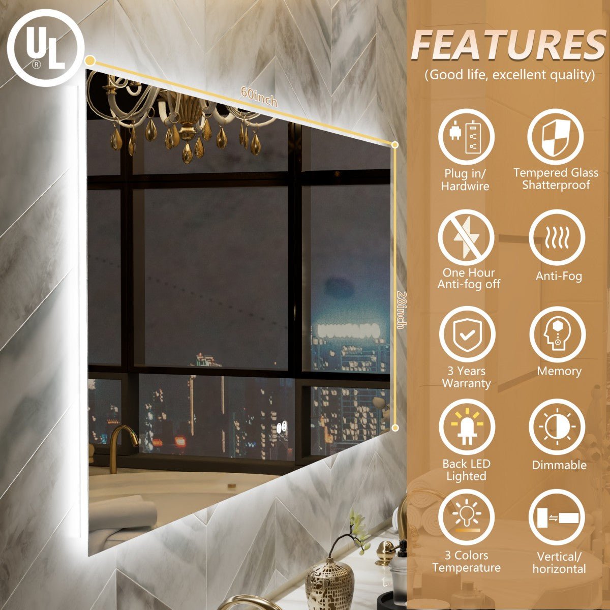 Navi LED Bathroom Mirror 60" x 28" with Backlit,Mirror with Lights Wall Mounted Anti Fog,Led Mirror for Bathroom,HD Tempered Glass,Shatter - Proof