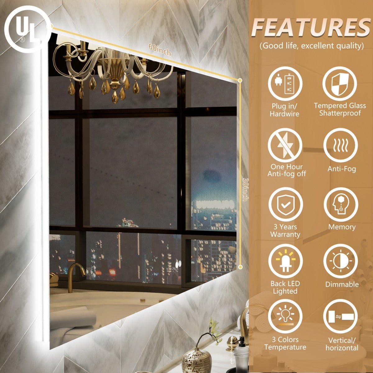 Navi LED Bathroom Mirror 60" x 30" with Backlit,Mirror with Lights Wall Mounted Anti Fog,Led Mirror for Bathroom,HD Tempered Glass,Shatter - Proof