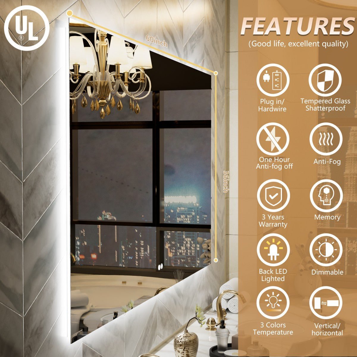 Navi LED Bathroom Mirror 60" x 36" with Backlit,Mirror with Lights Wall Mounted Anti Fog,Led Mirror for Bathroom,HD Tempered Glass,Shatter - Proof