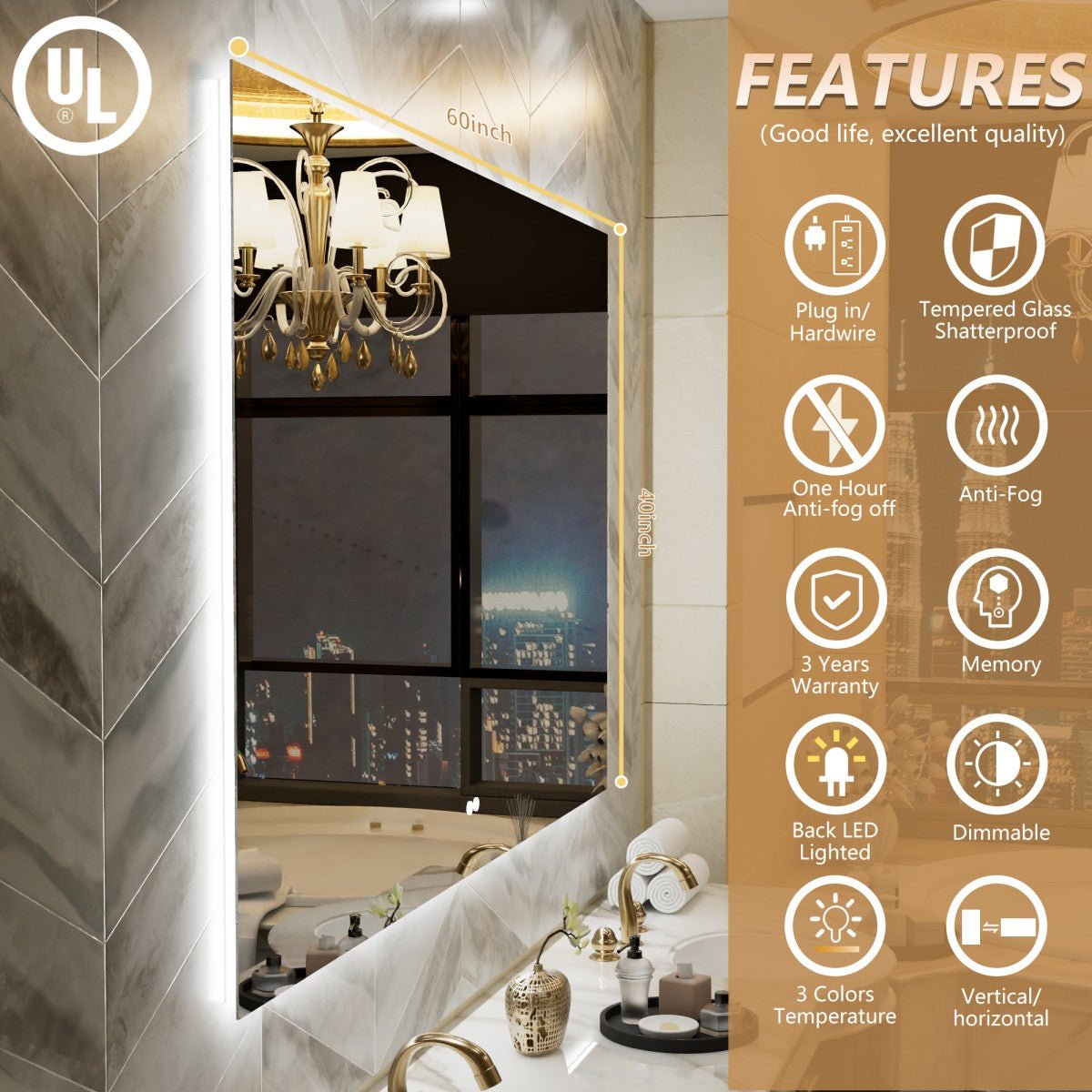 Navi LED Bathroom Mirror 60" x 40" with Backlit,Mirror with Lights Wall Mounted Anti Fog,Led Mirror for Bathroom,HD Tempered Glass,Shatter - Proof