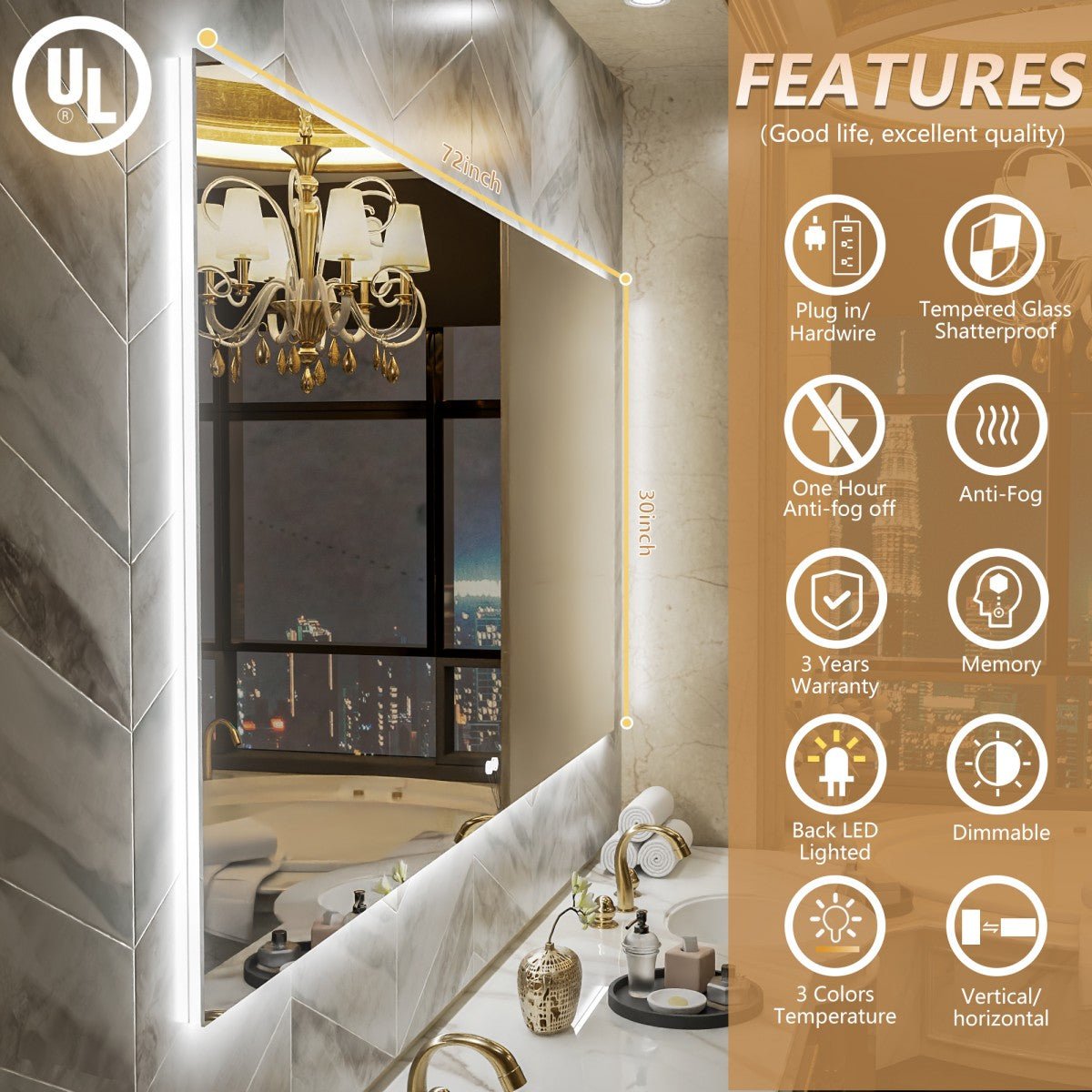 Navi LED Bathroom Mirror 72" x 32" with Backlit,Mirror with Lights Wall Mounted Anti Fog,Led Mirror for Bathroom,HD Tempered Glass,Shatter - Proof