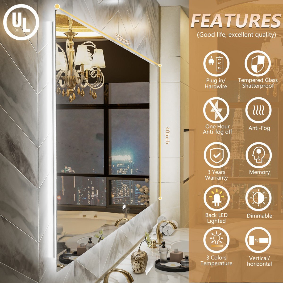 Navi LED Bathroom Mirror 72" x 40" with Backlit,Mirror with Lights Wall Mounted Anti Fog,Led Mirror for Bathroom,HD Tempered Glass,Shatter - Proof