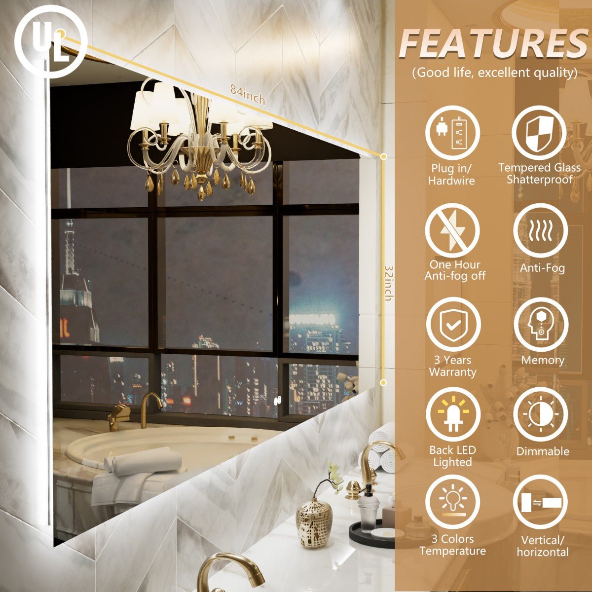 Navi LED Bathroom Mirror 84" x 32" with Backlit,Mirror with Lights Wall Mounted Anti Fog,Led Mirror for Bathroom,HD Tempered Glass,Shatter - Proof