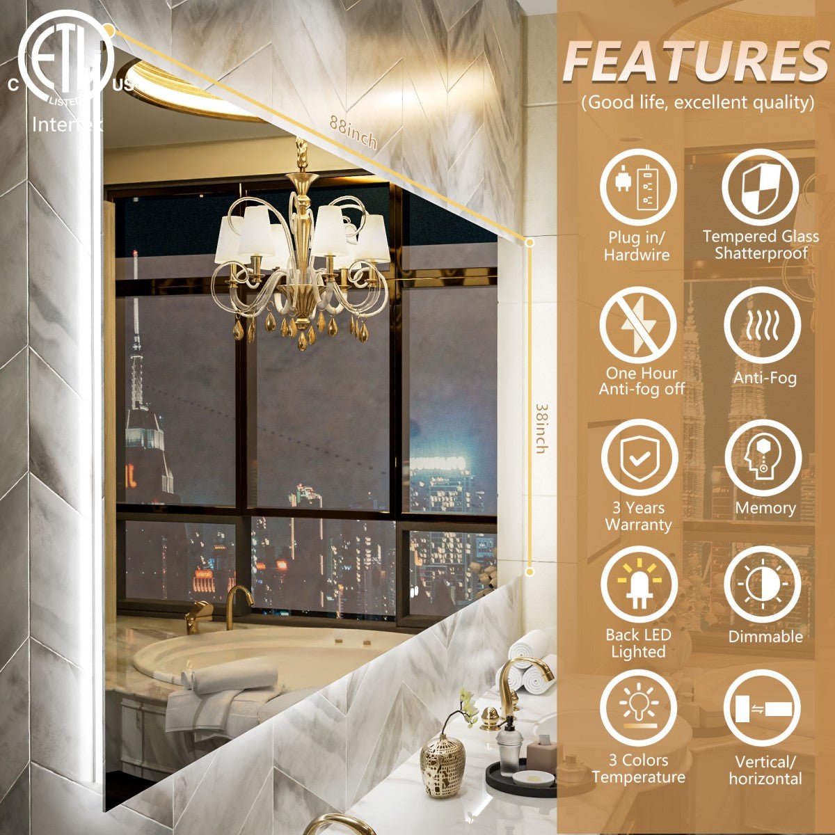 Navi LED Bathroom Mirror 88" x 38" with Backlit,Mirror with Lights Wall Mounted Anti Fog,Led Mirror for Bathroom,HD Tempered Glass,Shatter - Proof