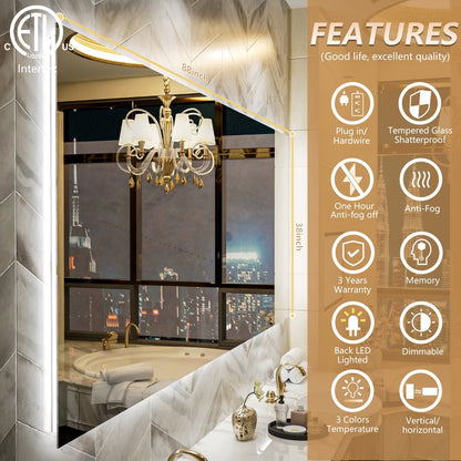 Navi LED Bathroom Mirror 88" x 38" with Backlit,Mirror with Lights Wall Mounted Anti Fog,Led Mirror for Bathroom,HD Tempered Glass,Shatter - Proof