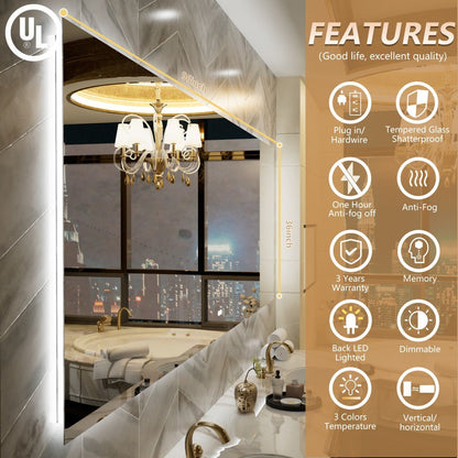 Navi LED Bathroom Mirror 96" x 36" with Backlit,Mirror with Lights Wall Mounted Anti Fog,Led Mirror for Bathroom,HD Tempered Glass,Shatter - Proof
