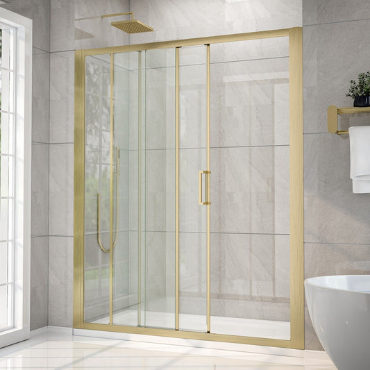 Modern bathroom with a gold-framed glass shower enclosure.