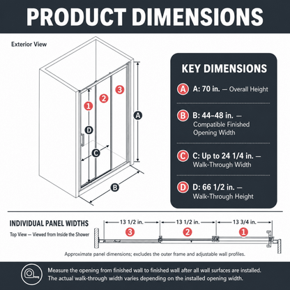 Nexus 44-48W x 70.H Framed Tri-Fold Sliding Shower Door, 1/4 in. Clear Tempered Glass,Brushed Gold Finish