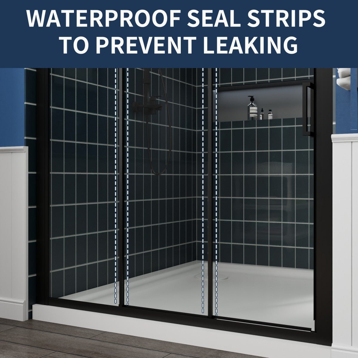 Nexus 44-48W x 70.H Framed Tri-Fold Sliding Shower Door, 1/4 in. Clear Tempered Glass,Matte Black Finish