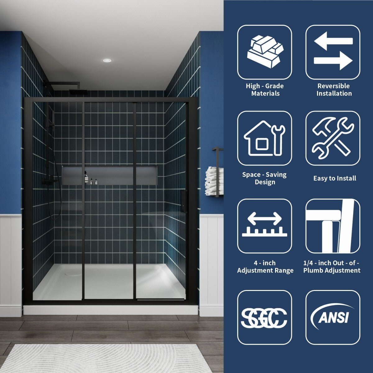 Modern shower enclosure with blue tiled wall and certification logos on a blue background
