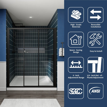 Modern shower enclosure with blue tiled wall and certification logos on a blue background