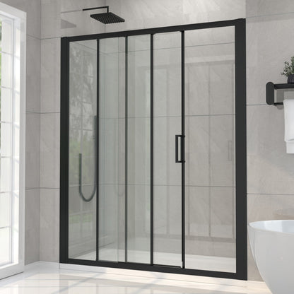 Modern shower enclosure with black frame and glass door in a bathroom setting.