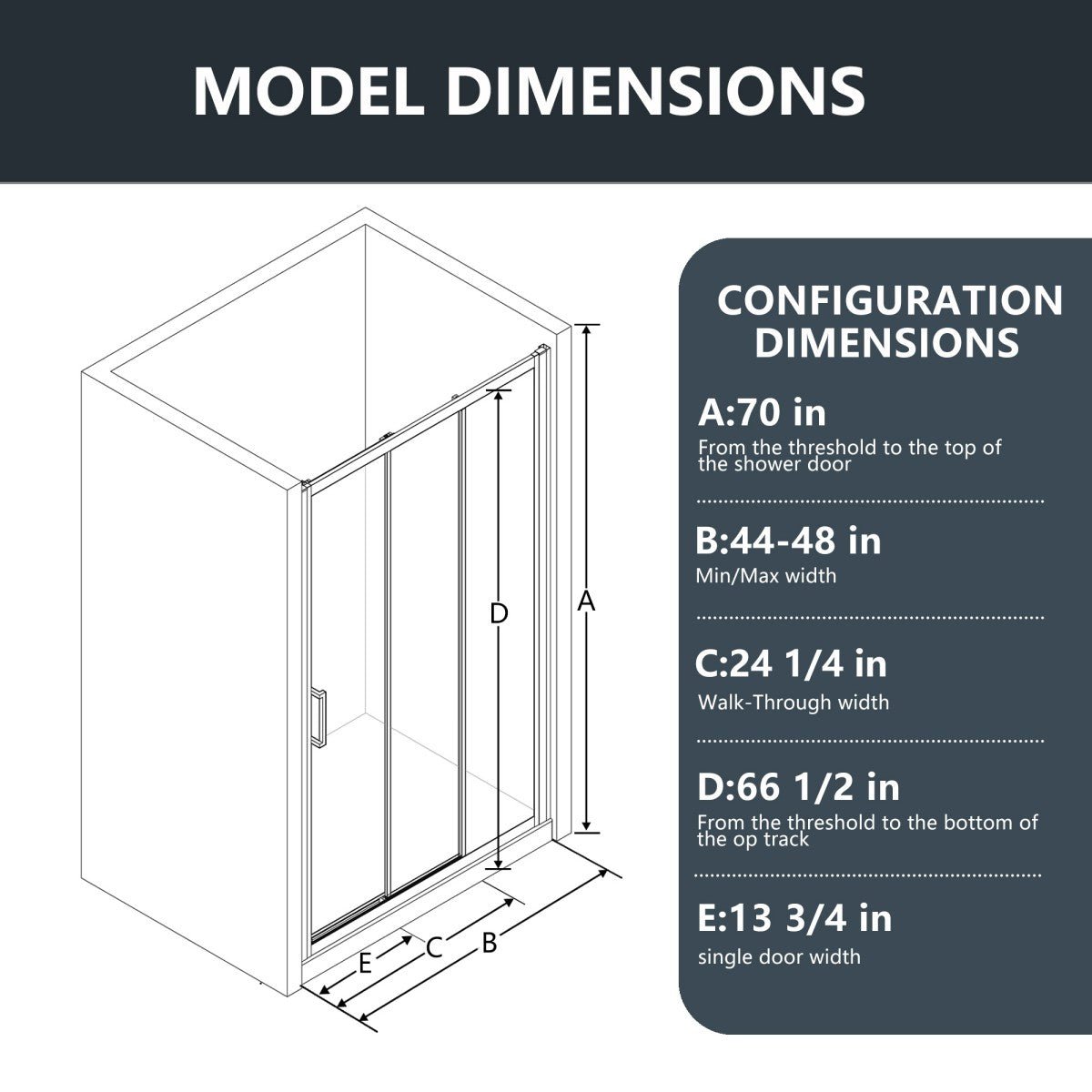 Diagram of a shower enclosure with labeled dimensions on a white background