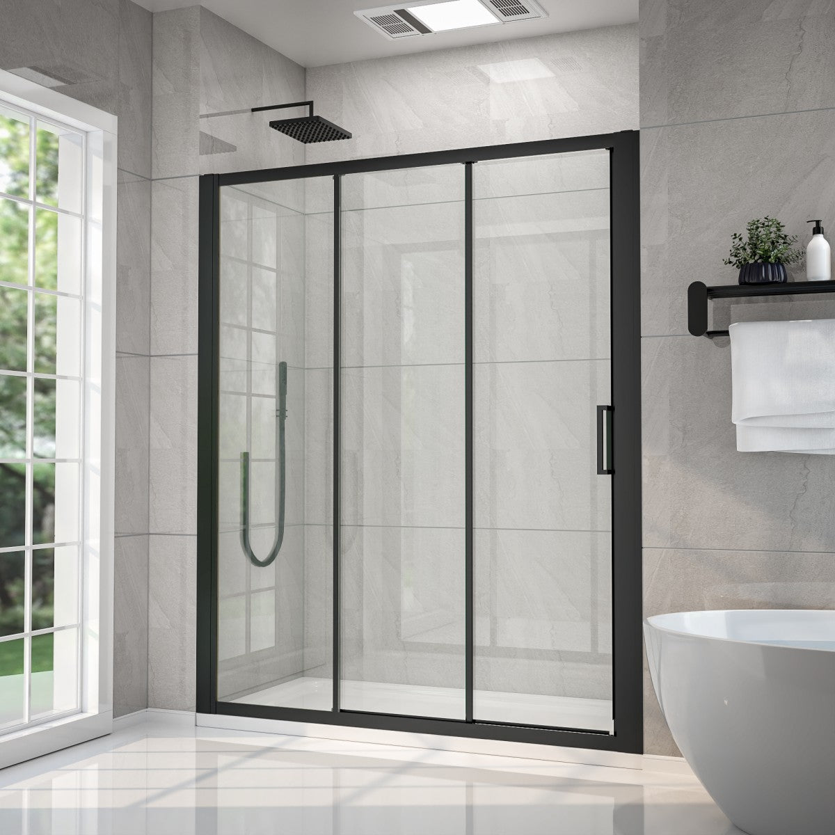 Modern bathroom with a shower enclosure, bathtub, and window.