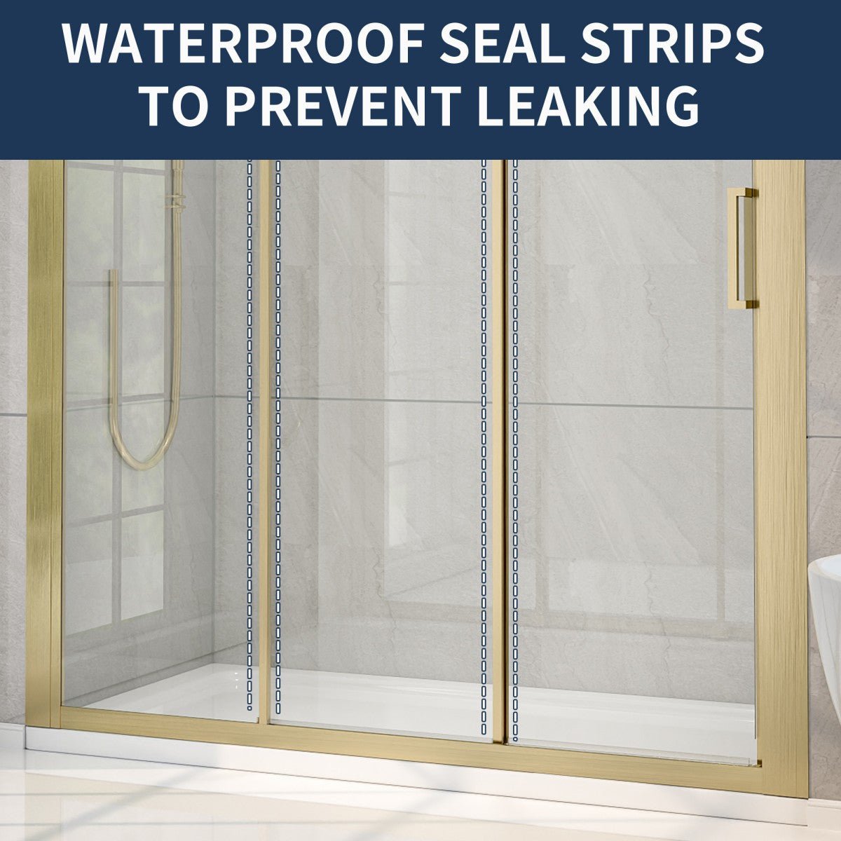 Nexus 56–60 in. W × 70 in. H Framed Tri-Fold Sliding Shower Door, 1/4 in. Clear Tempered Glass, Brushed Gold