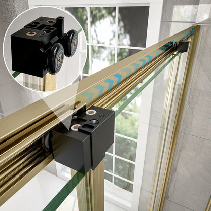Nexus 56–60 in. W × 70 in. H Framed Tri-Fold Sliding Shower Door, 1/4 in. Clear Tempered Glass, Brushed Gold