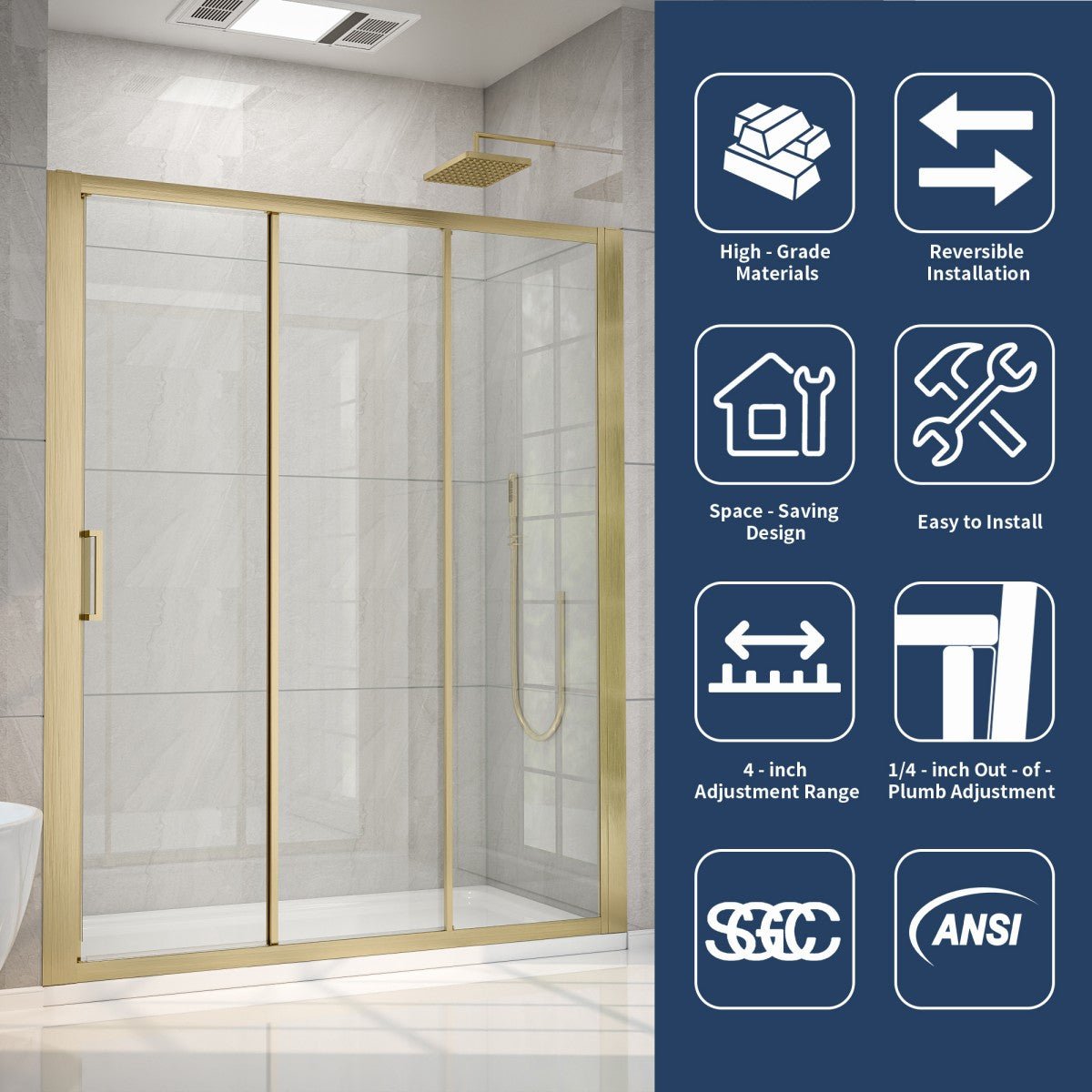 Shower enclosure with gold frame in a bathroom setting, featuring certification logos on the right.