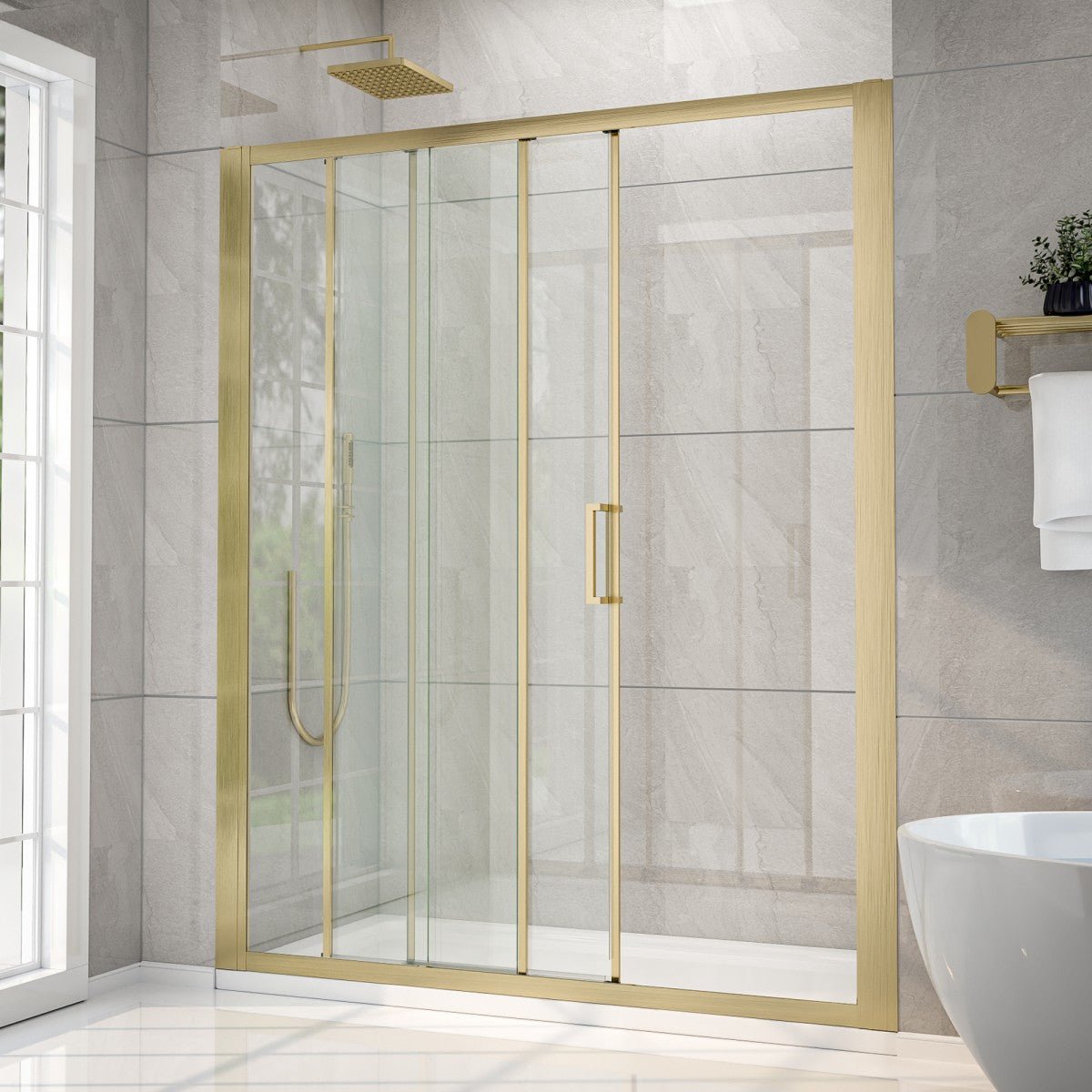 Nexus 56–60 in. W × 70 in. H Framed Tri-Fold Sliding Shower Door, 1/4 in. Clear Tempered Glass, Brushed Gold