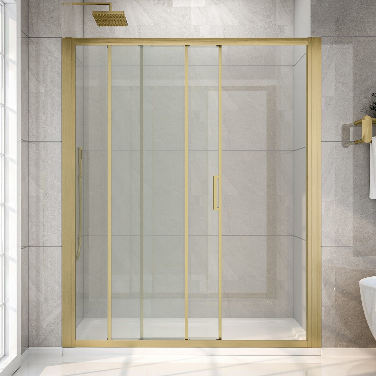 Nexus 56–60 in. W × 70 in. H Framed Tri-Fold Sliding Shower Door, 1/4 in. Clear Tempered Glass, Brushed Gold