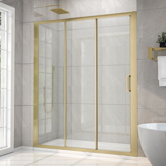 Nexus 56–60 in. W × 70 in. H Framed Tri-Fold Sliding Shower Door, 1/4 in. Clear Tempered Glass, Brushed Gold