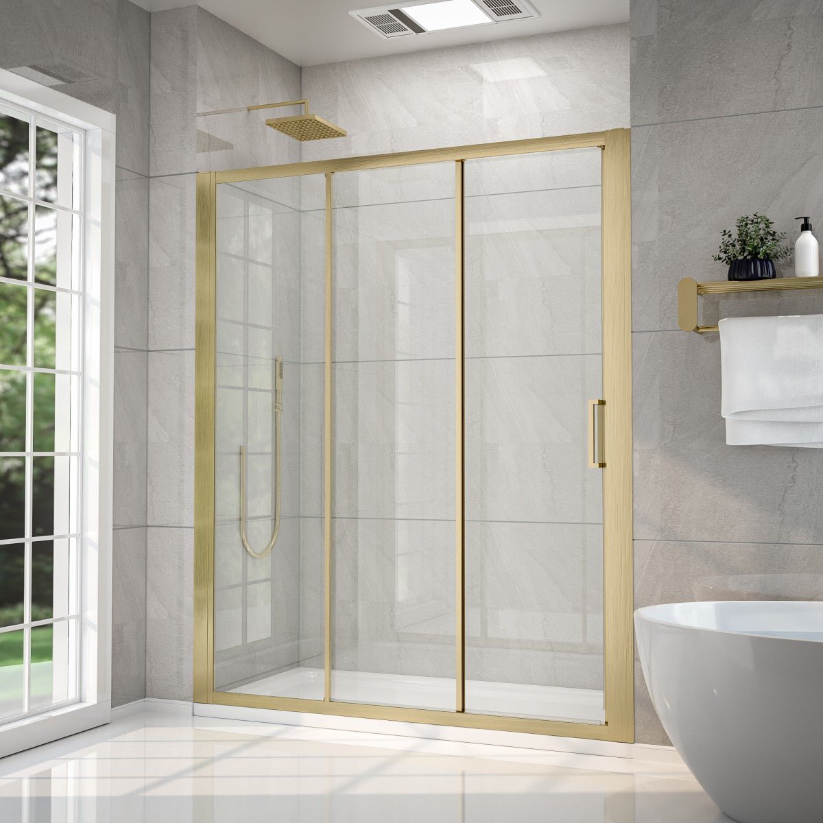 Nexus 56–60 in. W × 70 in. H Framed Tri-Fold Sliding Shower Door, 1/4 in. Clear Tempered Glass, Brushed Gold