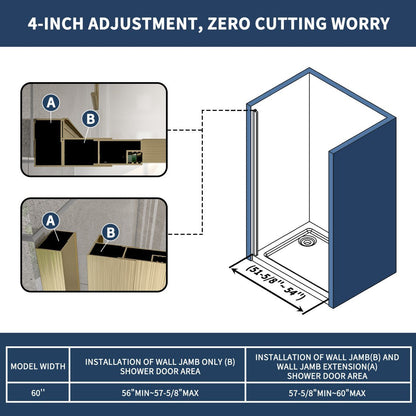 Nexus 56–60 in. W × 70 in. H Framed Tri-Fold Sliding Shower Door, 1/4 in. Clear Tempered Glass, Brushed Gold